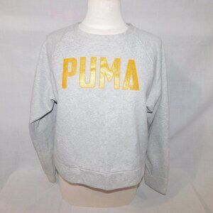 PUMA Womens S light Gray Crop Sweatshirt Gold Glitter Spellout Crew Neck